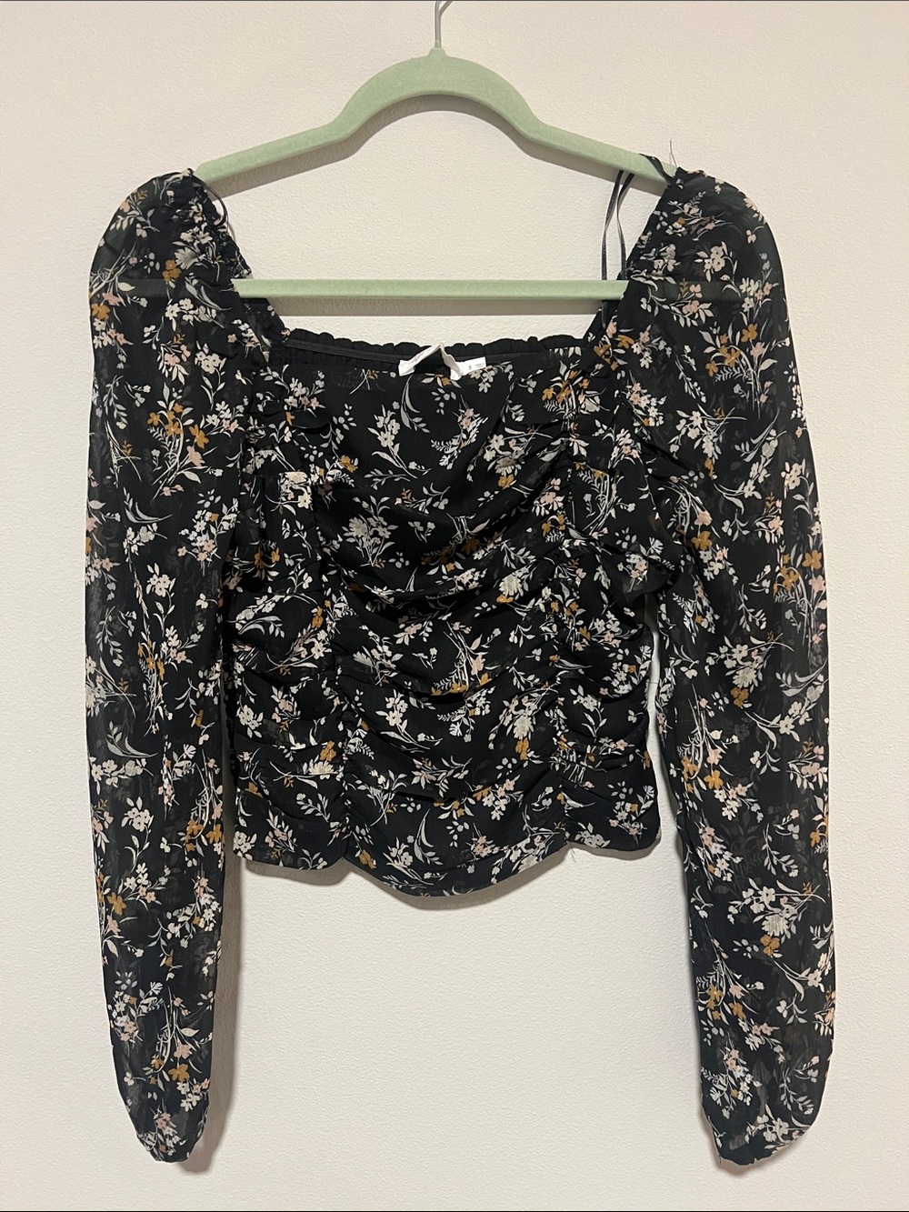 All in Favor Black Floral Ruched Long-Sleeve Blouse